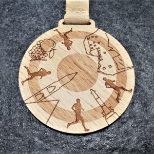 Bolzano City Trail personalised medal made of natural wood cut and laser engraved with natural colour ribbon