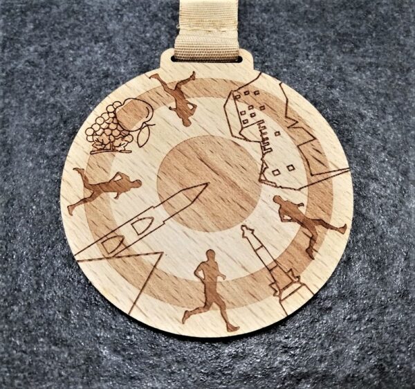 Bolzano City Trail personalised medal made of natural wood cut and laser engraved with natural colour ribbon