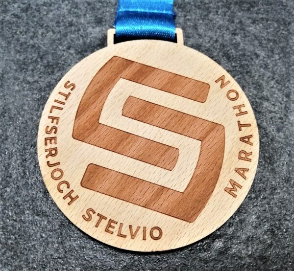 stelvio marathon customised natural wood laser-cut and engraved medal with personalised sublimation ribbon