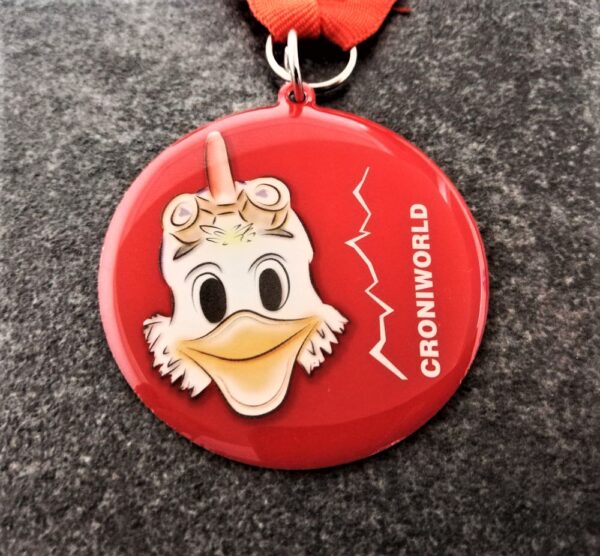 customised Croniworld Ski School Plan de Corones steel medal with full colour printing and lens effect with personalised silkscreen printed ribbon.