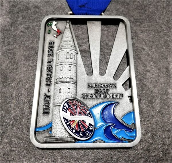 Fidart Caorle 2018 perforated metal 3D relief medal with enamels antique silver finish with blue ribbon