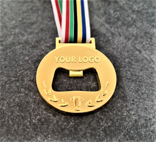 2D perforated embossed metal custom medal with bottle opener function shiny gold finish with Olympic ribbon