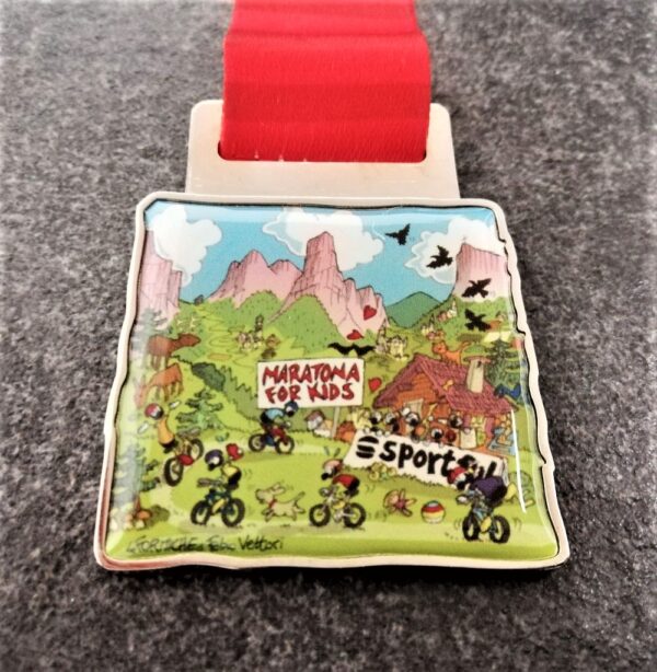 2017 Maratona Dles Dolomites customised metal medal with full colour printing and lens effect, shiny silver finish with customised sublimation ribbon
