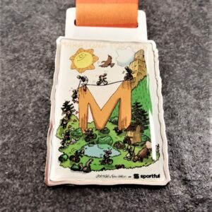maratona Dles Dolomites 2018 personalised metal medal with full colour printing and lens effect, shiny silver finish with personalised sublimation ribbon