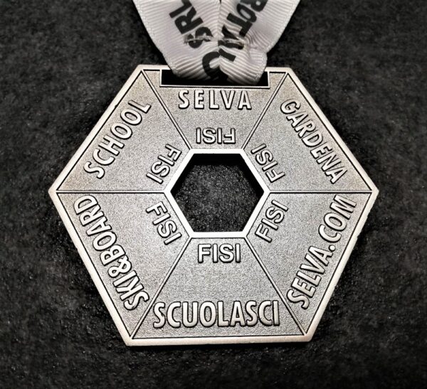 customised selva Ski School hexagonal metal medal in relief 2D perforated polished silver finish with customised silk-screen printed ribbon