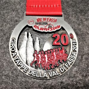 val di fassa running 2018 personalised medal in embossed 3D perforated metal with antique silver finish with sublimation personalised ribbon