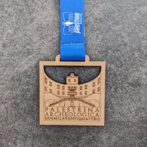 Custom palestrina - praeneste running medal made of laser cut and engraved natural wood with personalized sublimation ribbon