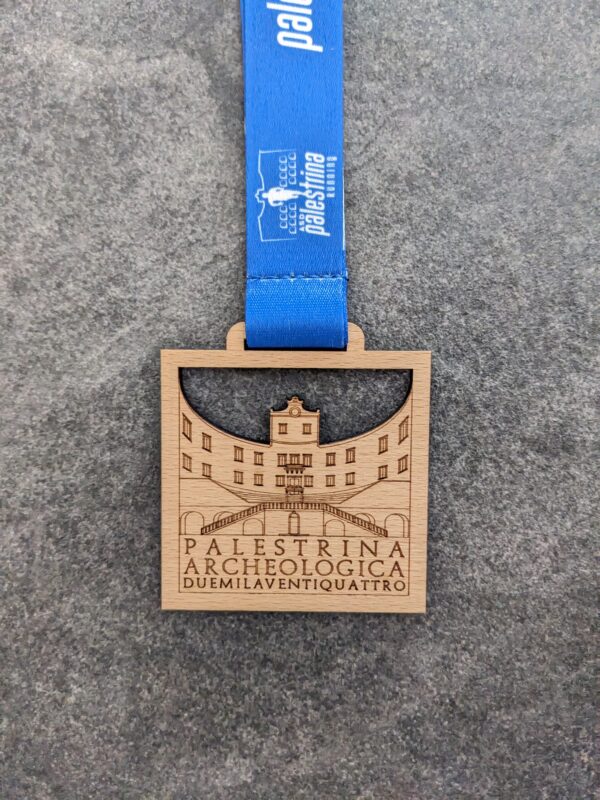 Custom palestrina - praeneste running medal made of laser cut and engraved natural wood with personalized sublimation ribbon