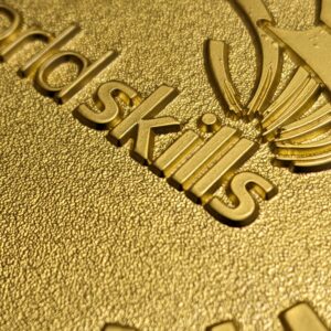 custom worldskills medal embossed metal 2D gold satin finish detail view