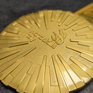 worldskills custom metal embossed 2D gold satin finish medal with personalized sublimation ribbon side view